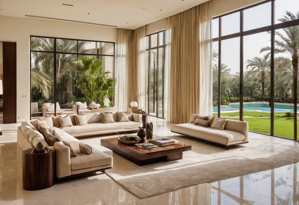 Double-height living room of a contemporary Dubai villa with travertine floor, low sofas and tall windows onto a garden