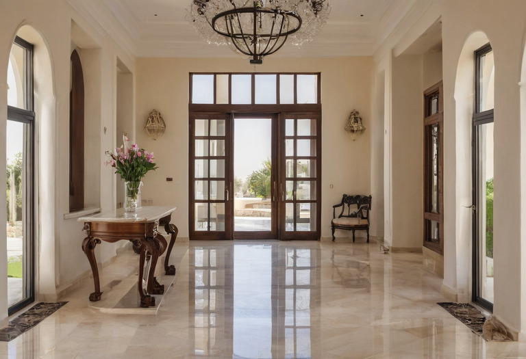 Wide villa entrance hall and staircase showing the route a large sofa must take