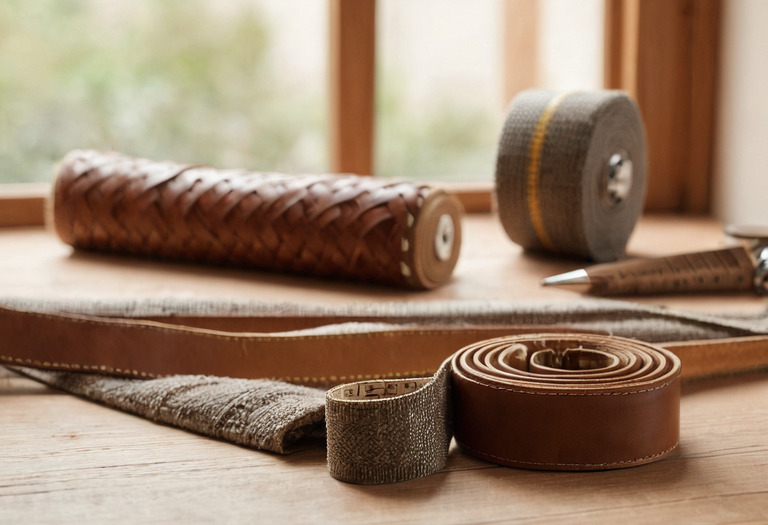 Leather and fabric swatches with a tape measure on a wooden table