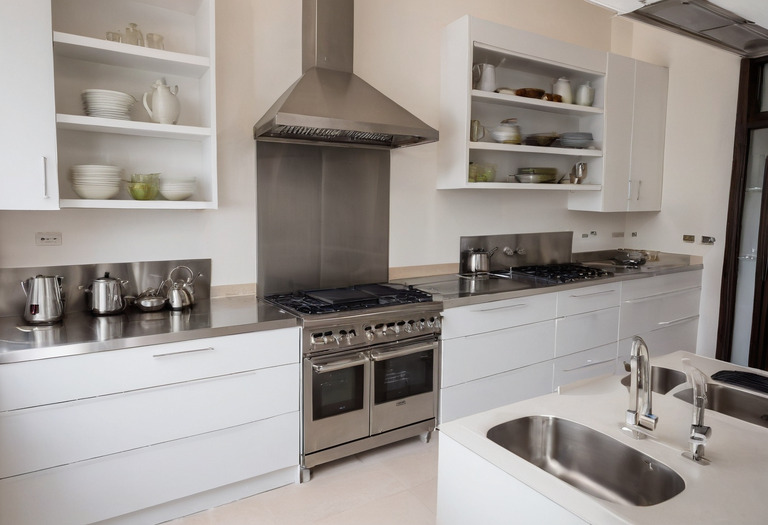 Stainless steel back kitchen with heavy-duty range, extraction hood and open shelving