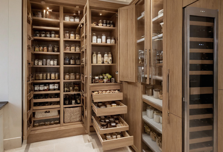 Walk-in pantry with deep drawers, glass jars and a second refrigerator