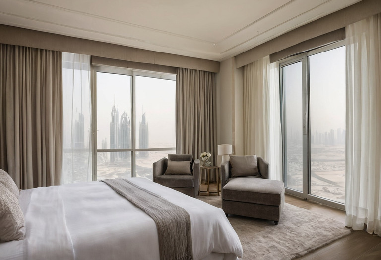 Floor-to-ceiling window with sheer and blackout curtains controlling daylight