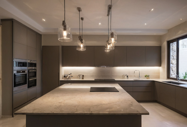 Kitchen worktop evenly lit by under-cabinet task lighting in the evening