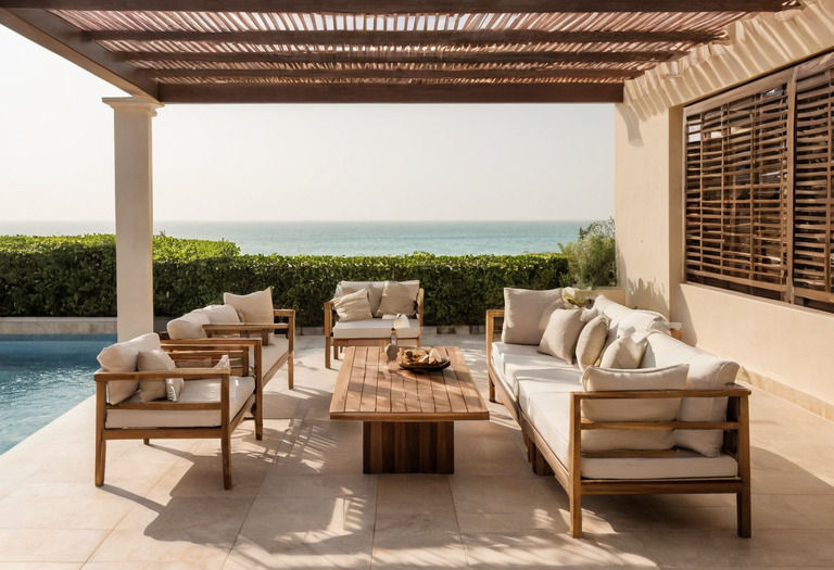 Coastal villa terrace with outdoor sofa, teak table and a view of the sea