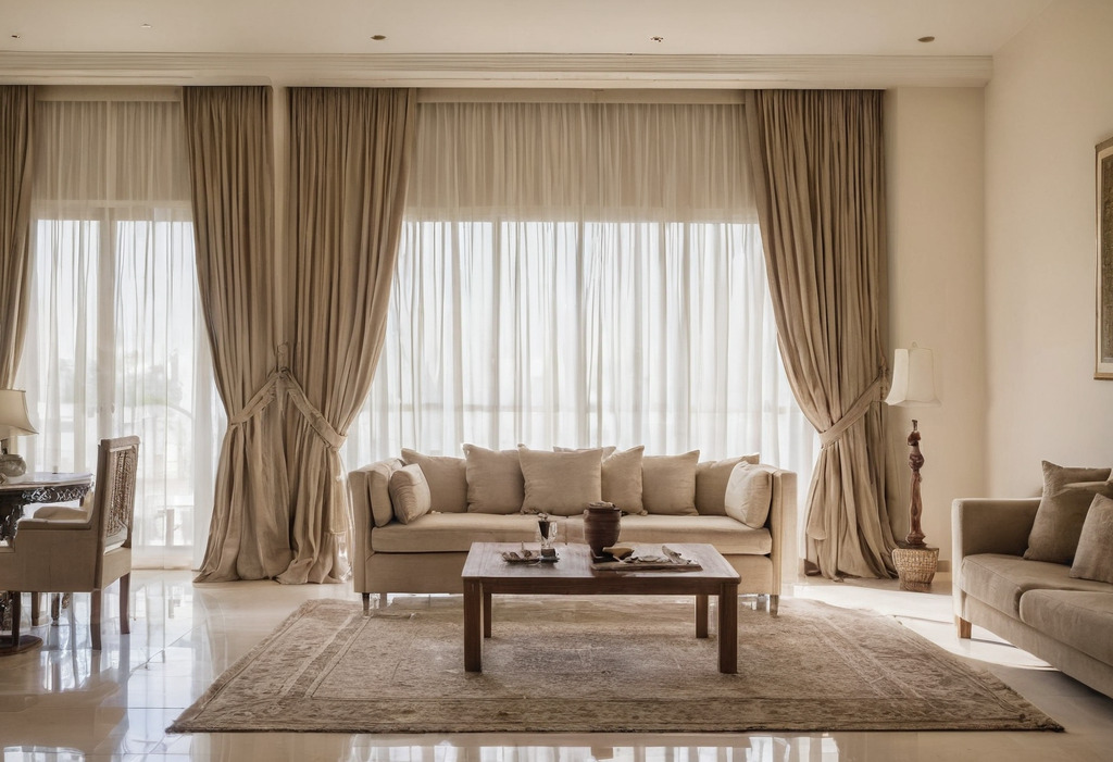 Villa living room with sheer curtains filtering strong Gulf sunlight onto a stone floor