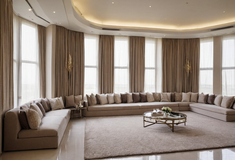 Fabric-wrapped acoustic wall panels and a thick rug in a large reception room