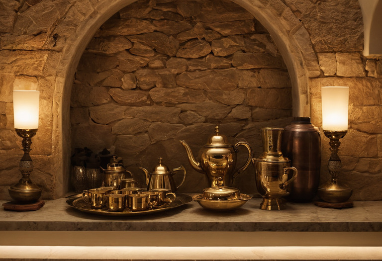 Majlis sideboard with coffee service set and concealed lighting at dusk