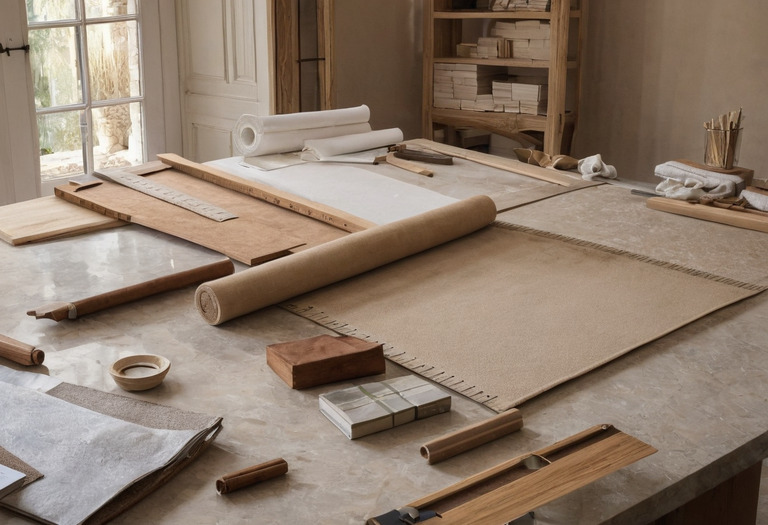 Architect's table with fabric, stone and timber sample boards laid out beside printed plans