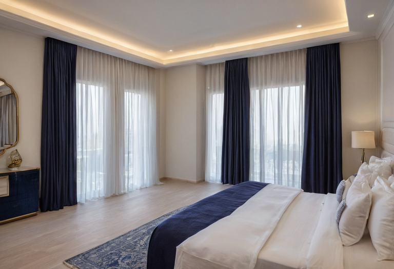 Empty finished villa bedroom ready for snagging inspection at dusk