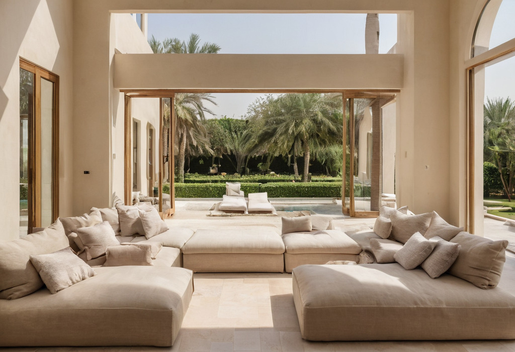 Sunlit double-height villa living room in Dubai with a neutral interior scheme